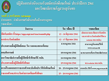 ปฏิทินการรับสมัครนักศึกษาใหม่
มหาวิทยาลัยราชภัฏสวนสุนันทา ภาคปกติ
ประจำปีการศึกษา 2561  รอบที่ 4 Admission
(กำหนดการใหม่)