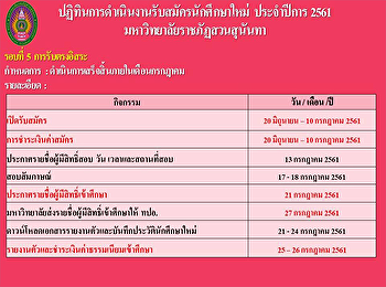 ปฏิทินการรับสมัครนักศึกษาใหม่
มหาวิทยาลัยราชภัฏสวนสุนันทา ภาคปกติ
ประจำปีการศึกษา 2561  รอบที่ 5
รับตรงอิสระ (กำหนดการใหม่)
