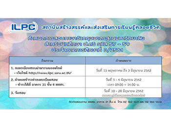 กำหนดการสอบภาษาอังกฤษมาตรฐานมหาวิทยาลัย
สำหรับนักศึกษา ปริญญาตรี รหัส 57-59
ประจำภาคการศึกษาที่ 3/2561