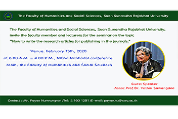 The Faculty of Humanities and Social
Sciences, Suan Sunandha Rajabhat
University, invite the faculty member
and lecturers for the seminar on the
topic “How to write the research
articles for publishing in the
journals.