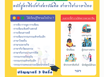 หลักสูตรศิลปศาสตรบัณฑิต สาขาวิชาภาษาไทย
ภาควิชามนุษยศาสตร์
คณะมนุษยศาสตร์และสังคมศาสตร์
มหาวิทยาลัยราชภัฏสวนสุนันทา
ส่งเสริมให้นักศึกษาเรียนรู้หลากหลายวิชาทั้งภาษาและวรรณกรรม