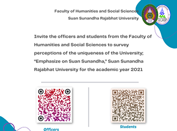 Invite the officers and students from
the Faculty of Humanities and Social
Sciences to survey perceptions of the
uniqueness of the University; “Emphasize
on Suan Sunandha,” Suan Sunandha
Rajabhat University for the academic
year 2021.