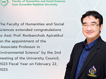 The Faculty of Humanities and Social
Sciences extended congratulations to
Asst. Prof. Ronbanchob Apiratikul on the
appointment of the “Associate Professor
in Environmental Science” by the 2nd
meeting of the University Council, 2023
Fiscal Year on February