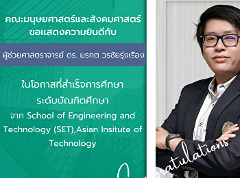 คณะมนุษยศาสตร์และสังคมศาสตร์
มหาวิทยาลัยราชภัฏสวนสุนันทา
ขอเเสดงความยินดีกับ ผู้ช่วยศาสตราจารย์
ดร. มรกต วรชัยรุ่งเรือง
รองผู้อำนวยการฝ่ายวิจัยและเผยแพร่
สถาบันวิจัยและพัฒนา
อาจารย์ประจำสาขาวิชาภูมิศาสตร์และภูมิสารสนเทศ
คณะมนุษยศาสตร์และสังคมศาสตร์ ในโอกา