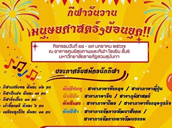 มาแล้วจ้าาา
กิจกรรมกีฬาสีเชื่อมความสัมพันธ์ชาวมนุษยศาสตร์และสังคมศาสตร์
กีฬาสีของเรามีชื่อว่า “กีฬาวันวาน
มนุษยศาสตร์ ฯ ย้อนยุค”