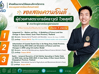 คณะมนุษยศาสตร์และสังคมศาสตร์
ขอแสดงความยินดีกับผู้ช่วยศาสตราจารย์คธาวุฒิ
ไวยสุศรี
อาจารย์ประจำสาขาวิชาภูมิศาสตร์และภูมิสารสนเทศ
คณะมนุษยศาสตร์และสังคมศาสตร์
ในโอกาสที่ได้รับการตอบรับตีพิมพ์บทความวิจัยลงในวารสารระดับนานาชาติ